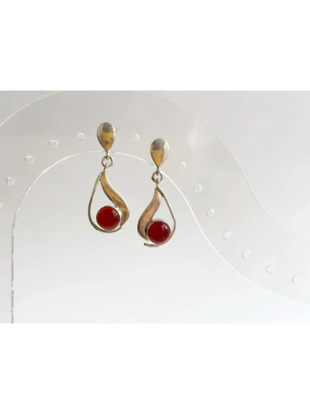 Carnelian Stone Midcentury Modern Stylized Vintage Sterling Silver 925 Earrings
